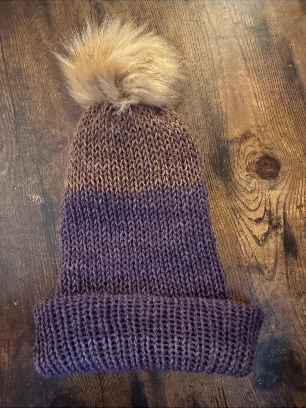 Adult Pom Pom Knit Beanie - Purple and Brown